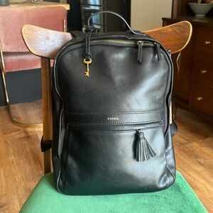 Fossil Black Leather backpack w/ gold details and tassel. Perfect work bag!
